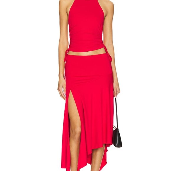 NWT Superdown Jaqualina Vibrant Red Asymmetrical Midi Skirt S Statement Skirt - Picture 7 of 10